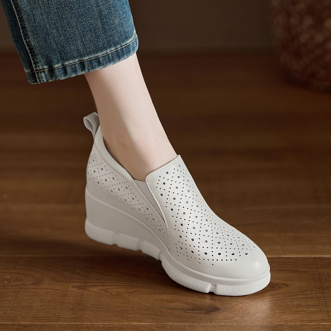 小个子增高9cm~新款真皮坡跟休闲鞋时尚透气镂空洞洞鞋内增高单鞋