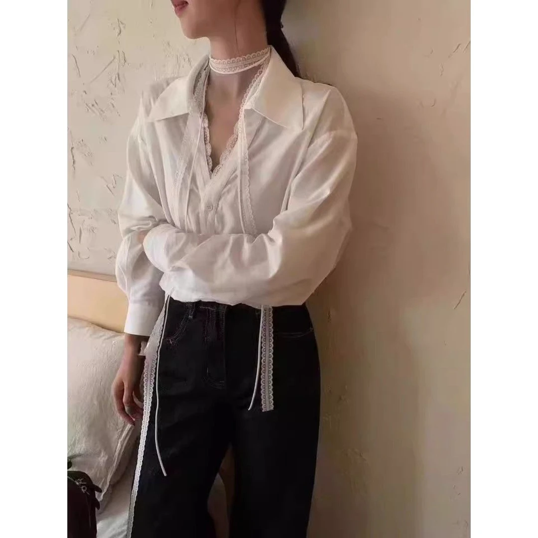 巨推荐，上身绝美！衬衫女设计感小众深V蕾丝飘带秋季宽松别致衬衣