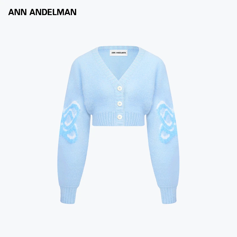 ANN ANDELMAN 秋冬新款logo植绒套头V领短款毛衣女针织开衫上衣
