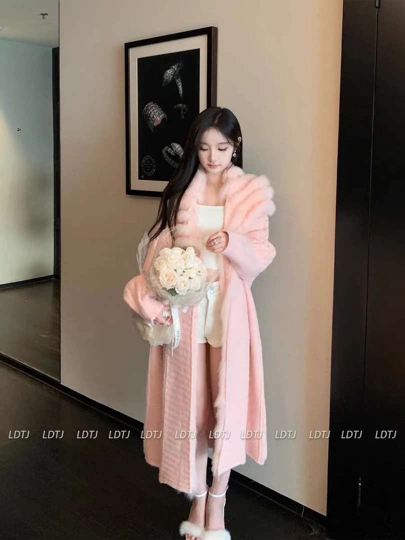 针织衫秋名媛慵懒风狐狸毛领拼接中长款针织外套女