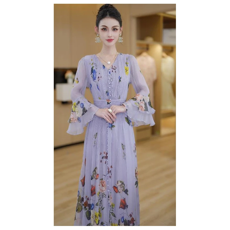 2025春季公主风法式优雅设计感收腰中长款连衣裙女