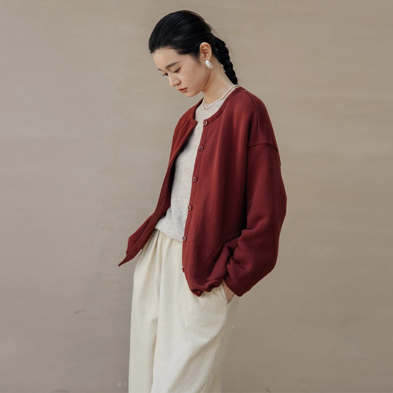 744朵/开襟卫衣新款双纱纯棉摇粒绒安可拉红纯色外套上衣