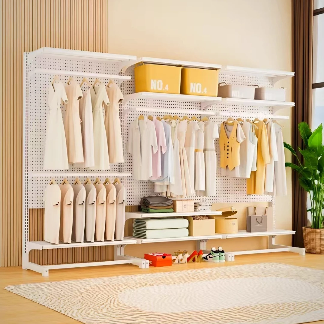 开放式衣柜落地出租屋卧室一体衣帽间货架置物收纳金属洞洞板