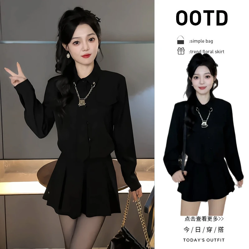 早春穿搭一整套女装2025新款小众黑色领带衬衫百搭短裙裤两件套装