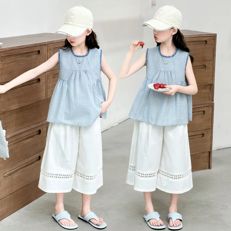 女童夏季洋气时髦无袖上衣阔腿裤套装2025儿童薄款休闲夏装两件套