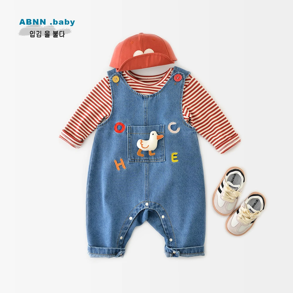 【HuanBao】-abnn-春秋新款儿童卡通裤子宝宝小鸭子牛仔背带裤-A181
