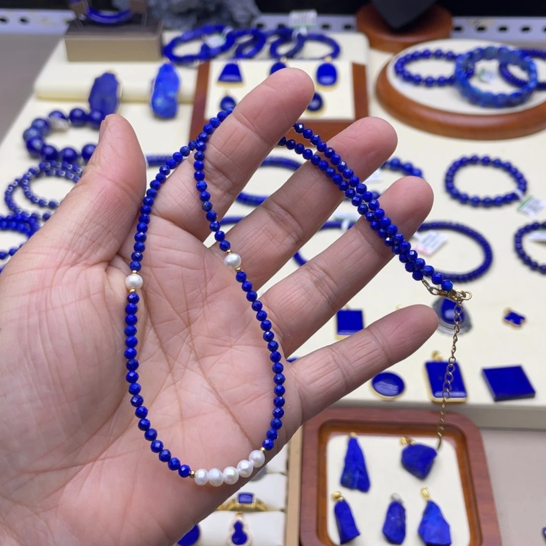 银S925镀金镶嵌青金石项链3mm艳蓝高品