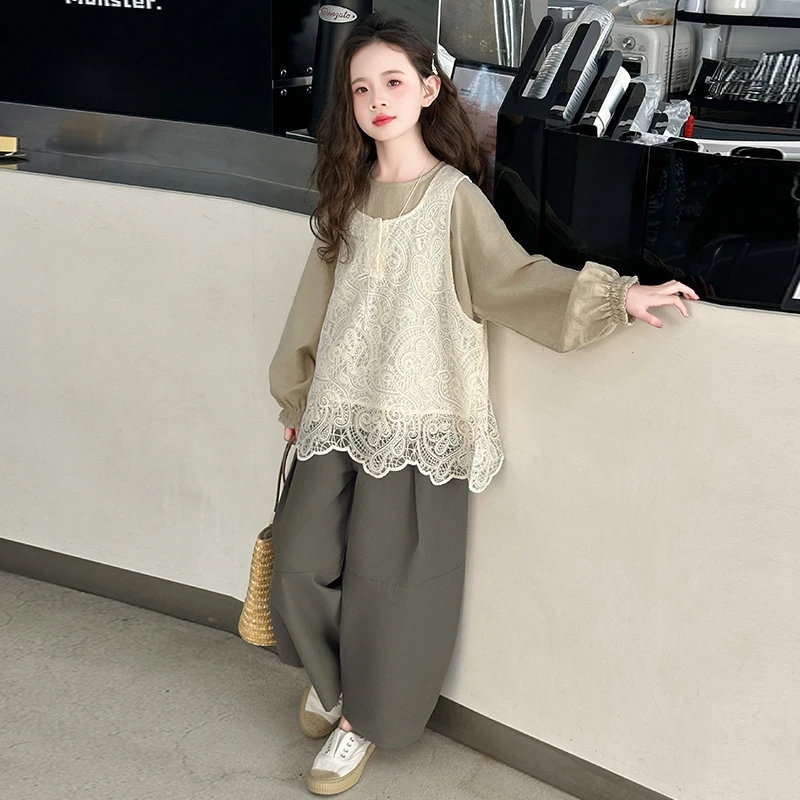 女童韩系蕾丝马甲春秋套装2025新款中大儿童6-12岁15岁春装萝卜裤