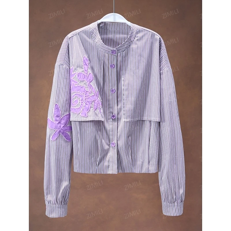 【韩哥女装】2025秋季新品欧版设计款紫色条纹绣花时尚休闲衬衣9891