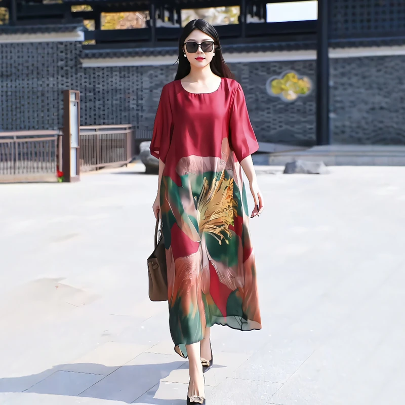 夏季新款原创优雅文艺复古大码飘逸连衣裙宽松显瘦长裙子女#75396