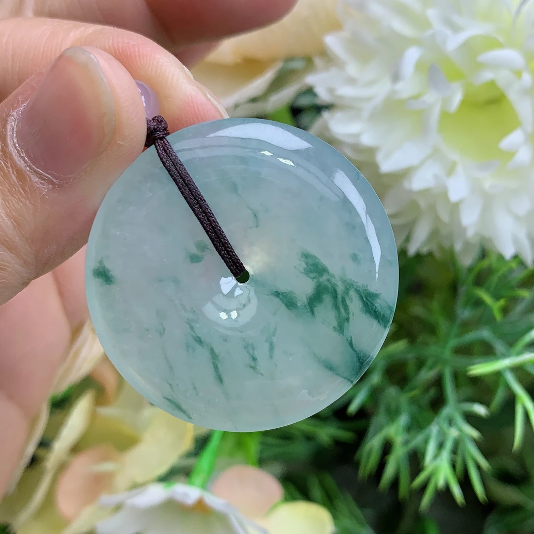 缅甸天然翡翠a货玉石冰种起胶飘花平安扣吊坠大尺寸35.7/5.6mm
