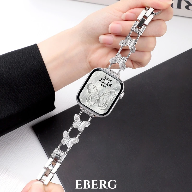 适用苹果iwatchs11手表s10闪钻蝴蝶表带s9高级感s8女款se金属表链