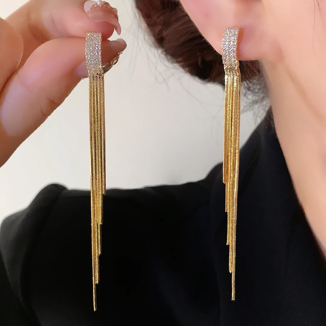 铜合金合成锆石耳饰 时尚精致简约百搭长款直针耳坠耳钉流苏1568