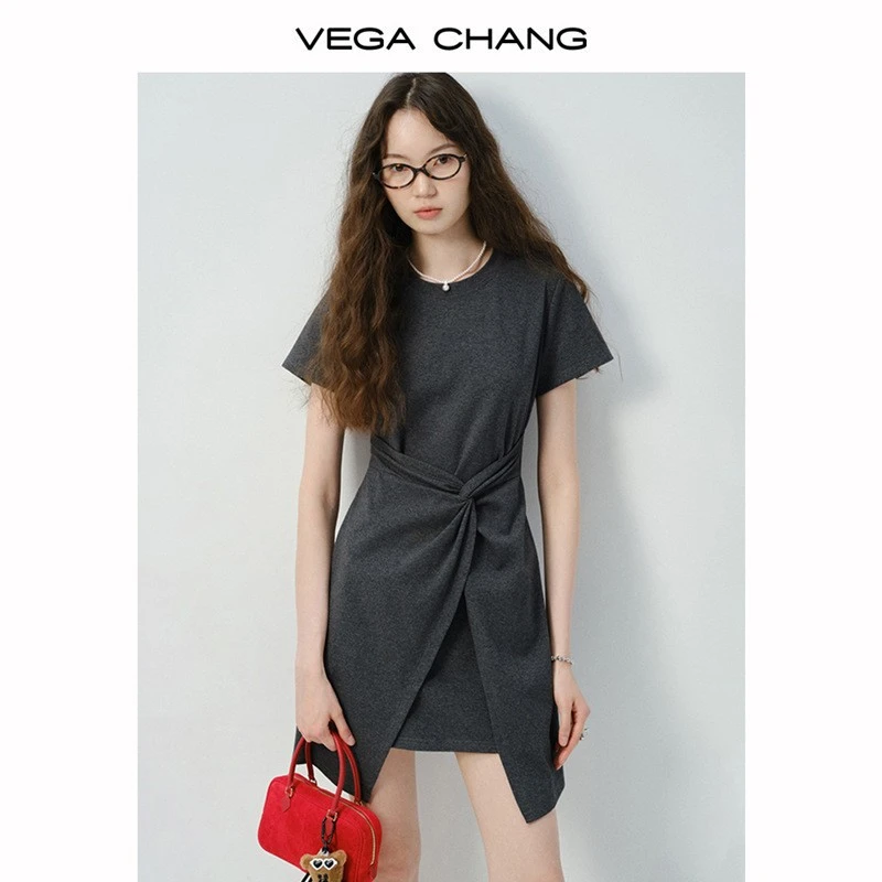 VEGA CHANG小个子连衣裙女2025新款夏装不规则裙摆显瘦t恤短裙子