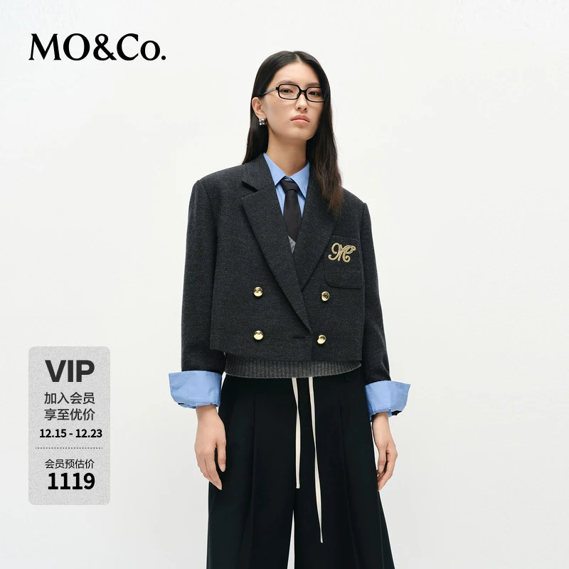 MOCO西装2025春新品高含绵羊毛平驳领短款学院风外套MBE1BLAT02