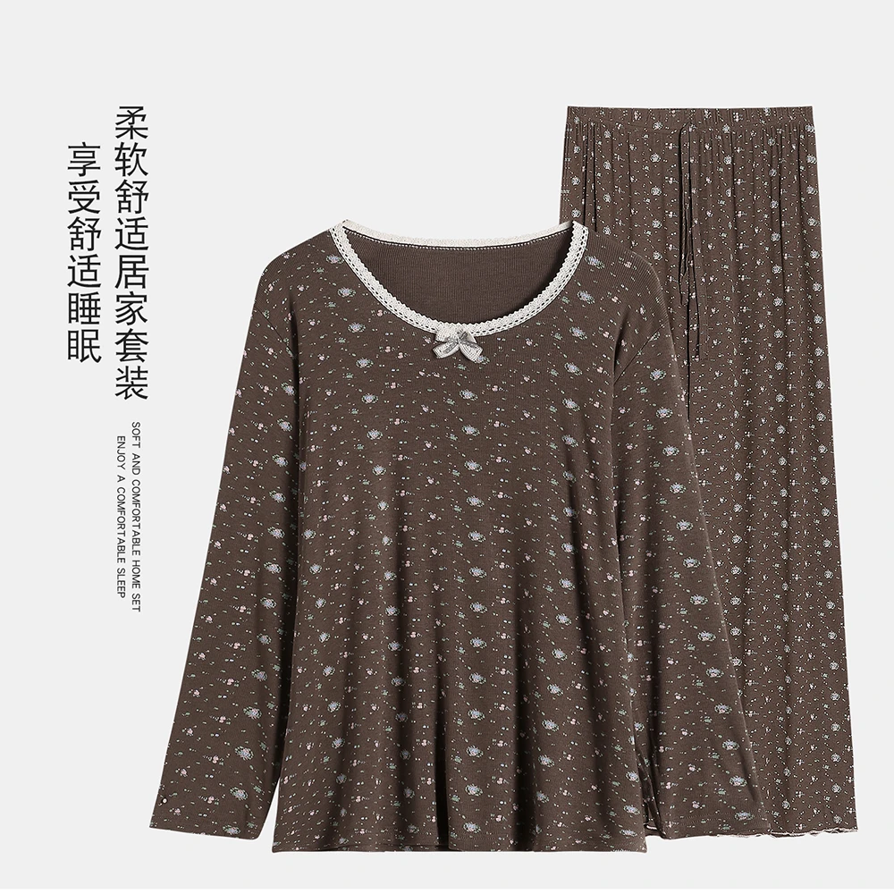 韩国小花家居服莫代尔罗纹睡衣弹力宽松中腰印花休闲韩版外穿大码