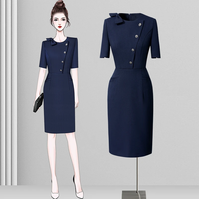 连衣裙夏季薄款通勤单排扣案场连衣裙商务藏蓝连衣裙时尚高端