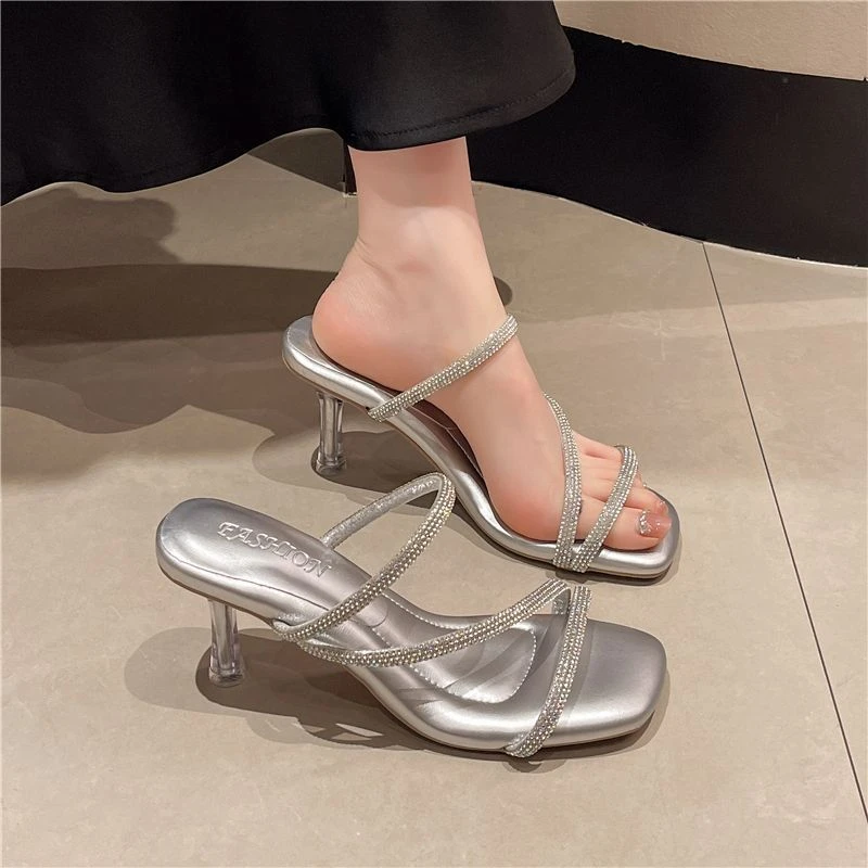 踩屎感细带水钻凉拖鞋女夏季外穿简约百搭露趾仙女风细跟高跟凉鞋