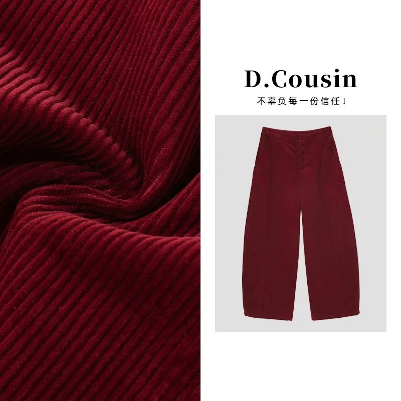 D.cousin 红色灯芯绒裤/秋季复古筋骨感通勤直筒休闲裤 7364