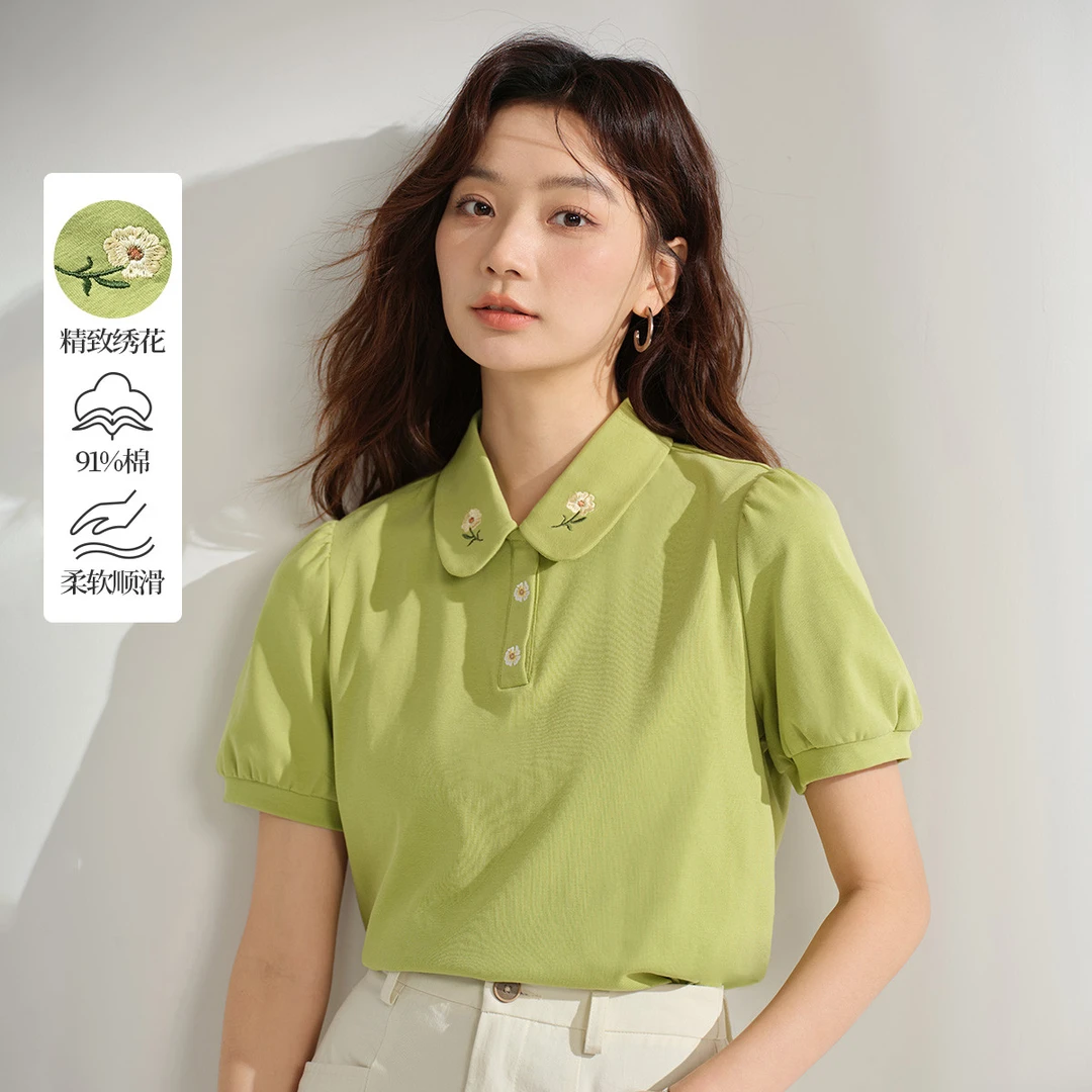 【茵曼服装】茵曼文艺泡泡袖舒适百搭短袖T恤K18525101