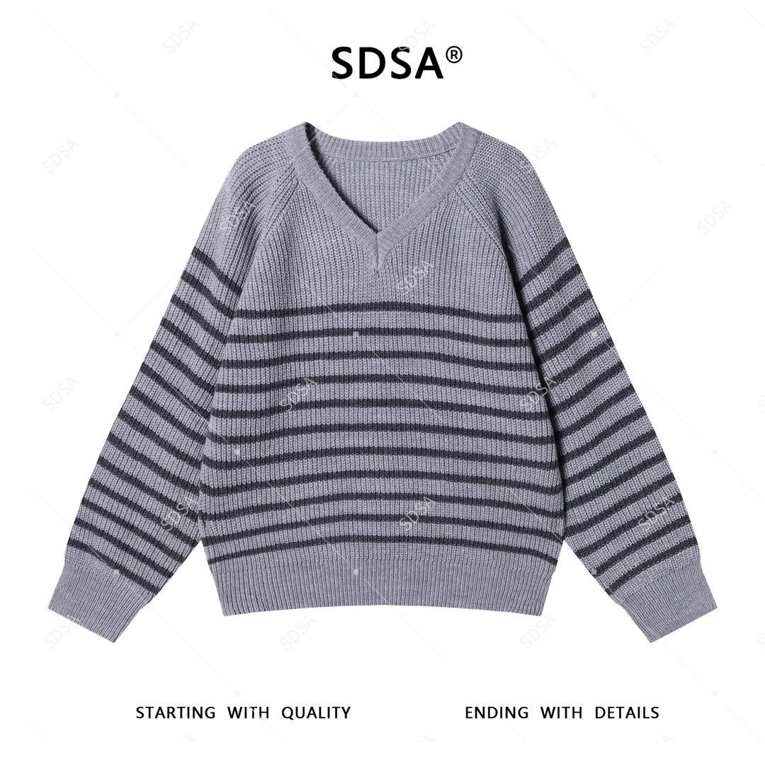 SDSA男士2025新款轻奢痞帅男装美式撞色条纹V领套头针织毛衣百搭