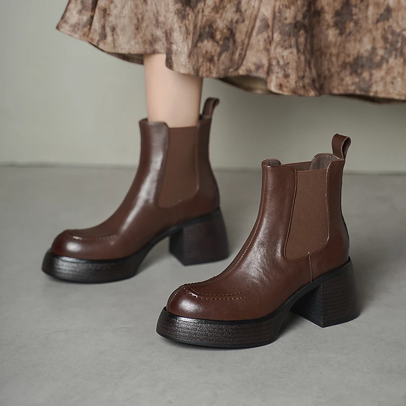 头层牛皮高跟英伦切尔西靴棕色小裸靴厚底时尚复古英伦风