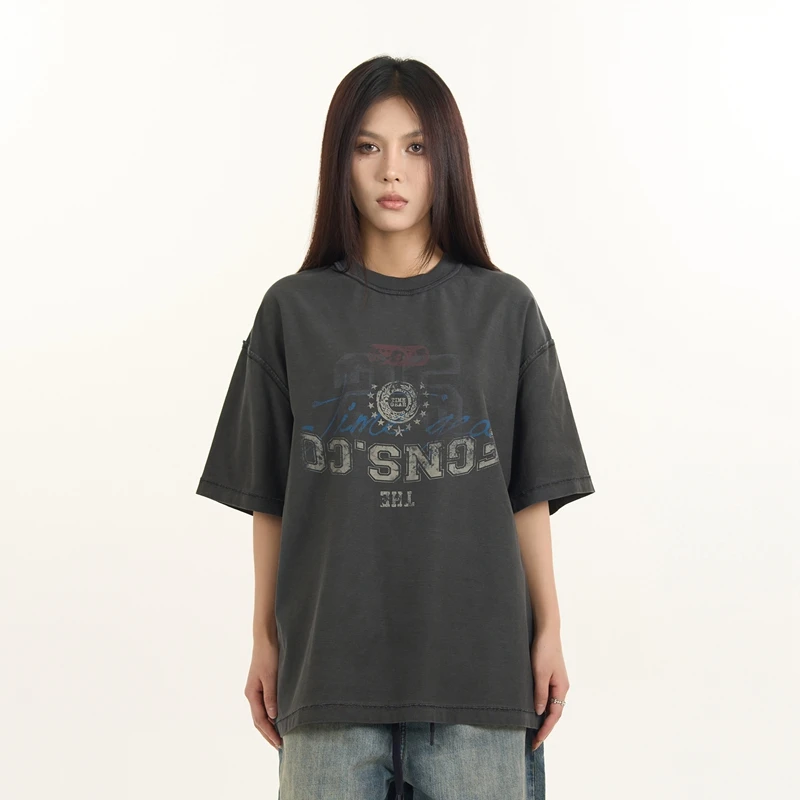 FGSS夏季美式水洗复古倒位印花反车T恤痞帅设计感短袖潮牌ZB0127