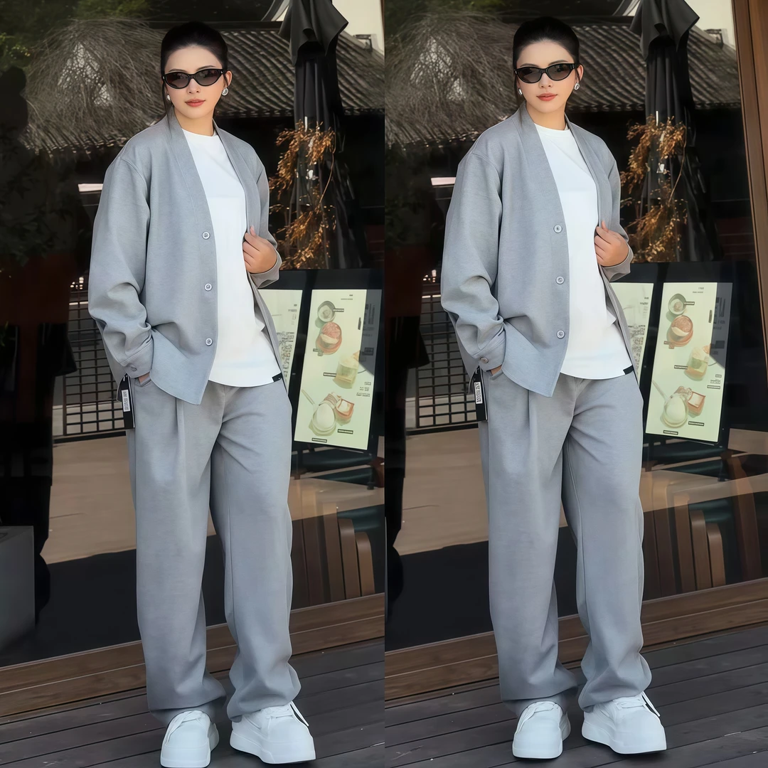 春秋新款慵懒风简约休闲运动套装男时尚百搭开衫外套阔腿裤两件套