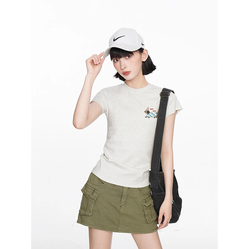 麻灰色腊肠狗正肩短袖t恤女夏休闲印花新款短袖修身紧身半袖上衣