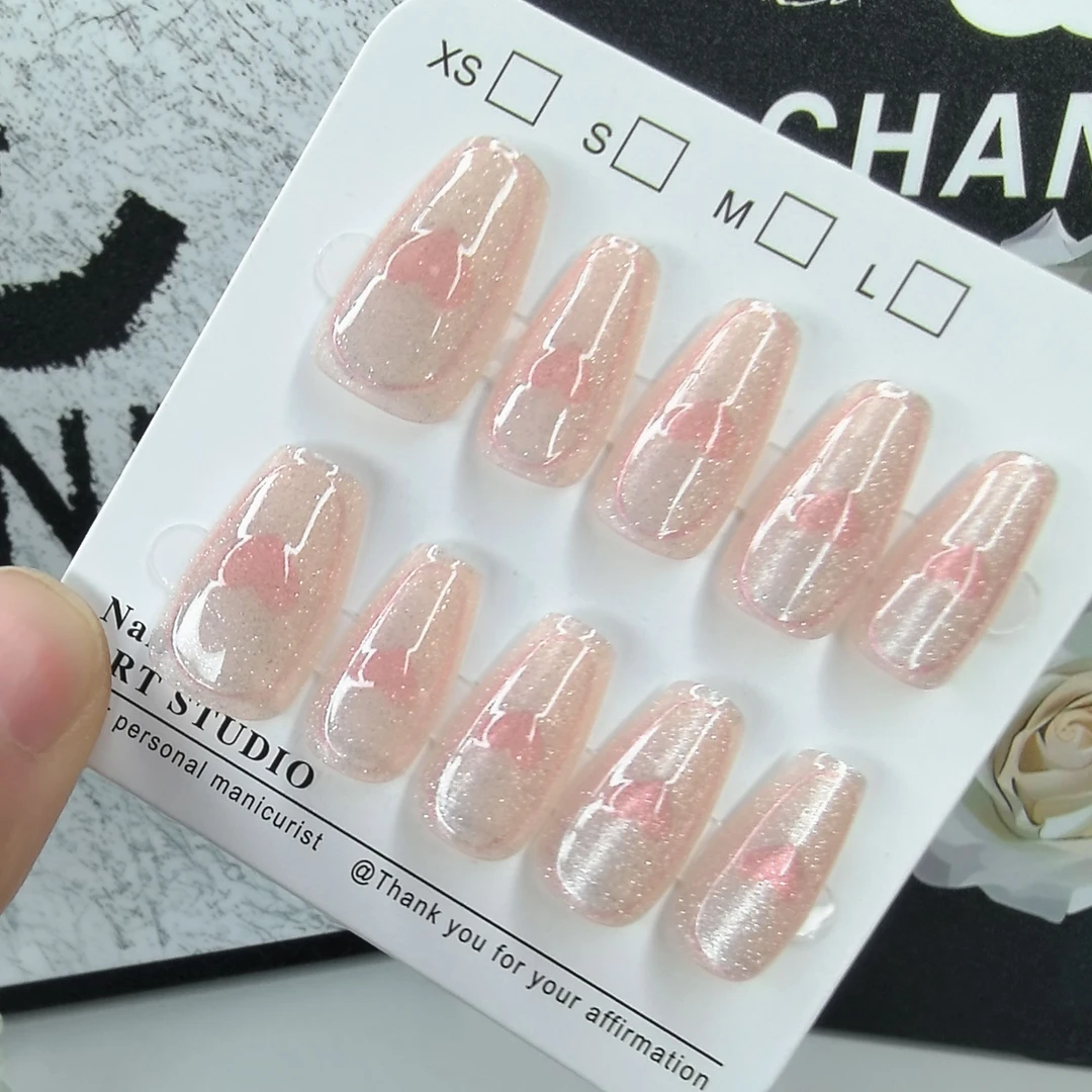 （短款）2025年新款美甲贴片气质猫眼指甲贴片纯欲爱心手工甲穿戴甲