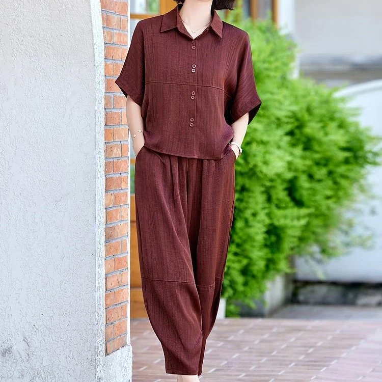 夏季宽松套装短袖开衫裤子两件气质妈妈装显瘦休闲减龄套装8526-1