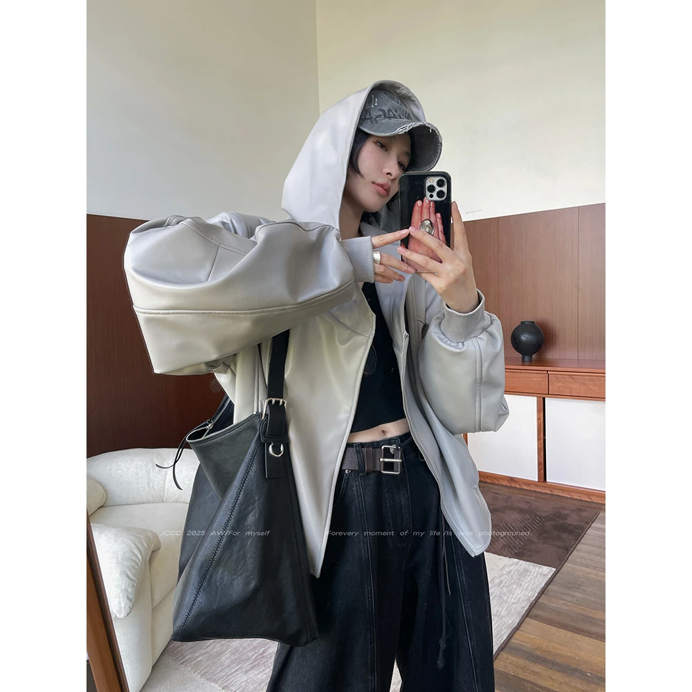 JCCC影子【斜拉序曲】灰色小众连帽弯刀袖设计PU外套JE5ASW11