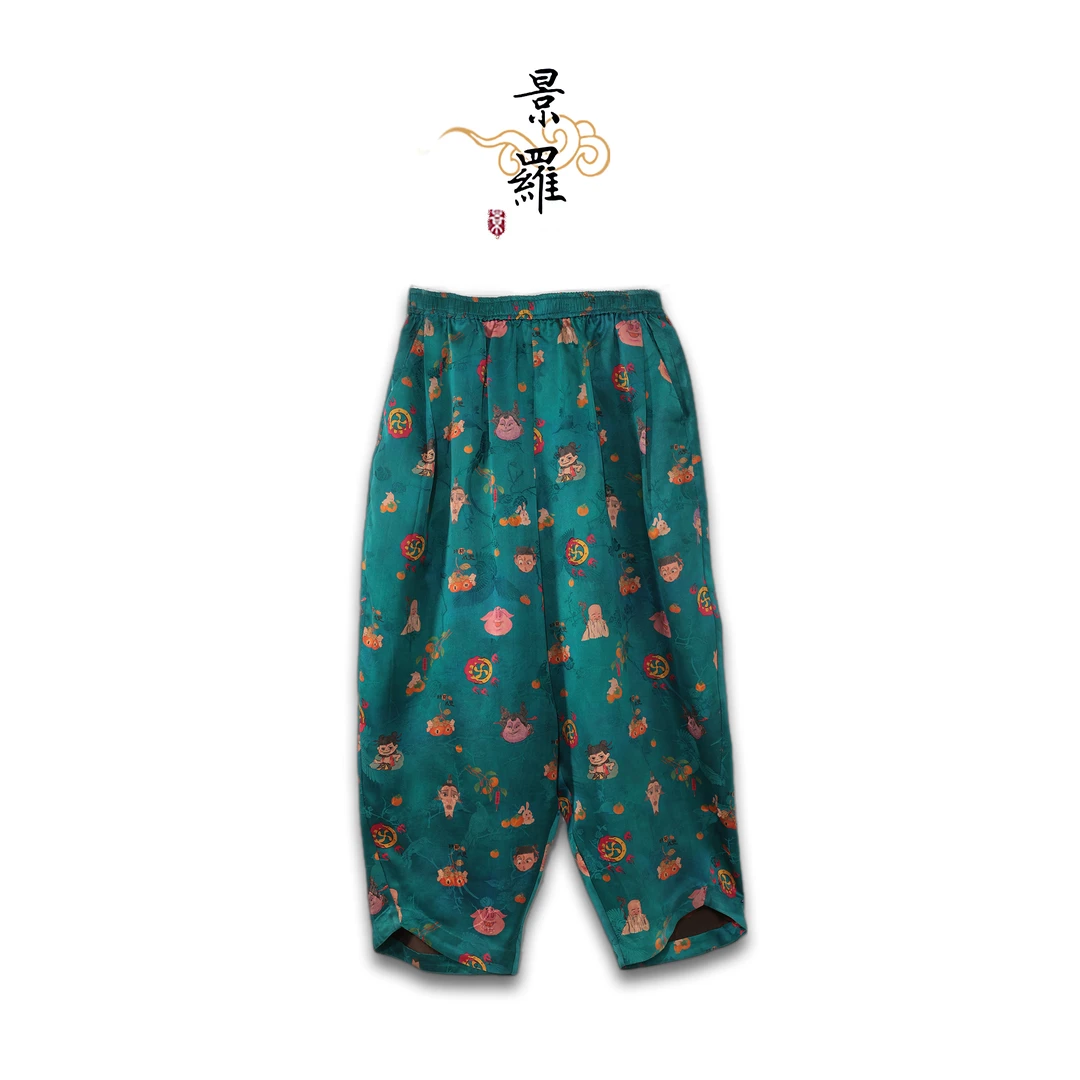 景罗【卡通吒】新款夏季国风卡通童趣哪吒时尚百搭宽松桑蚕丝裤子