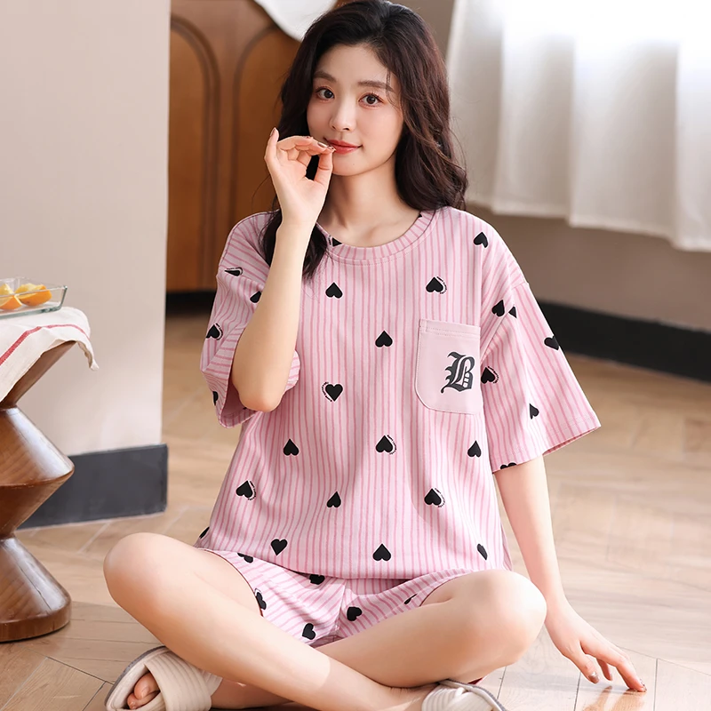 少女爱心睡衣夏季纯棉透气短袖短裤条纹学生甜美家居服套装可外穿
