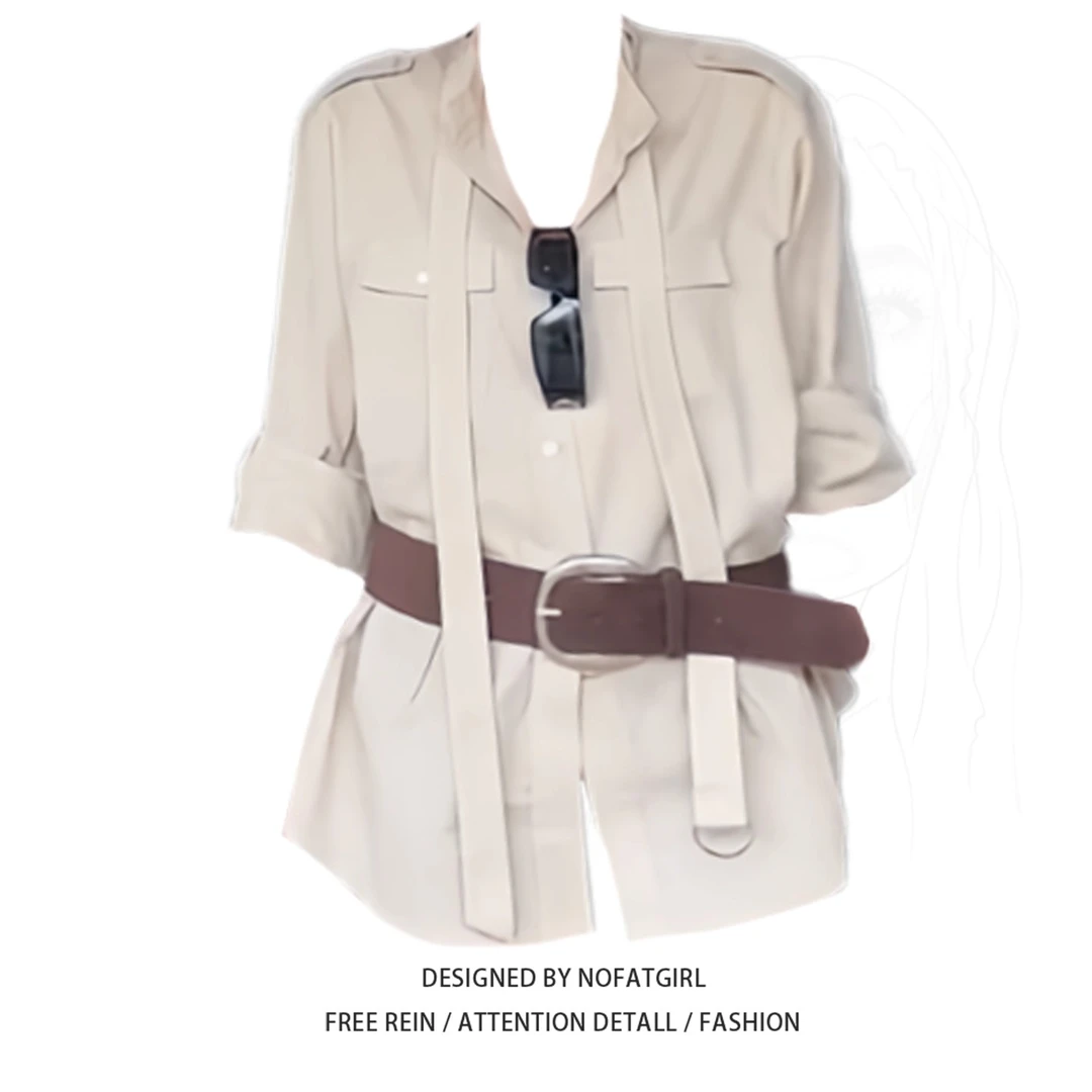 大码胖妹妹工装设计感口袋单排扣衬衫+腰带+短裤夏季减龄一整套女