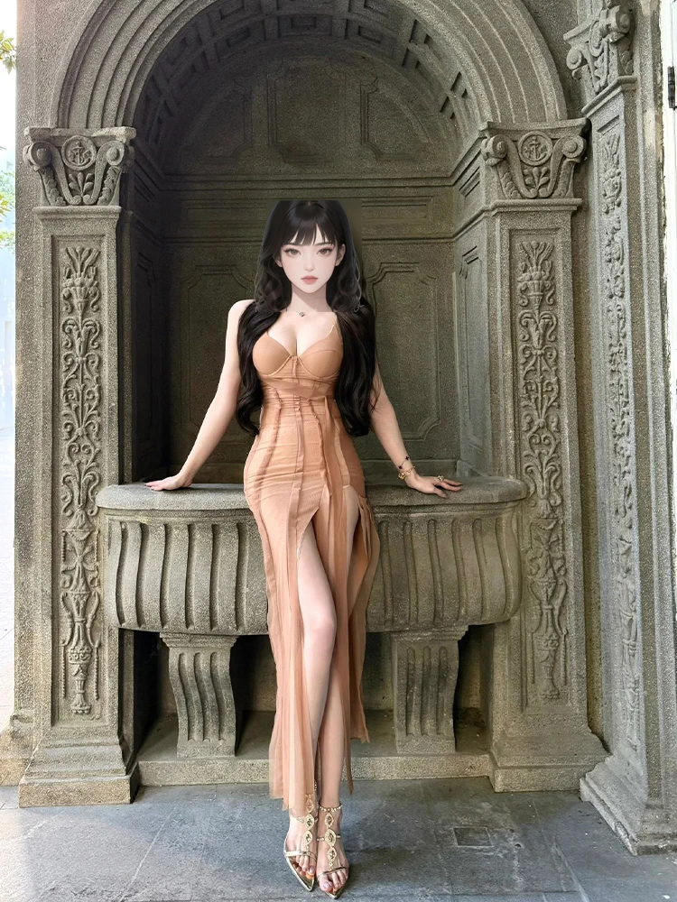 Z9867新款法式性感V领网纱吊带女复古时尚御姐包臀开叉蕾丝连衣裙