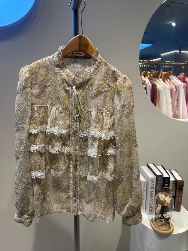 87C0028复古碎花雪纺长袖衬衫木耳边打揽串珠女装上衣