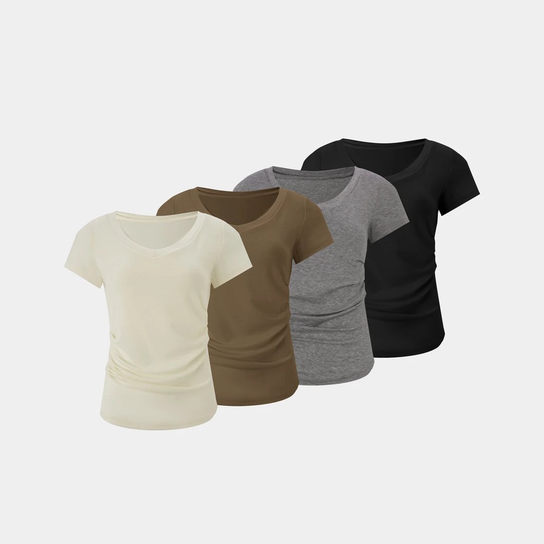 2025春夏V领天丝羊毛T恤短袖修身收腰抽褶简约打底上衣显瘦透气