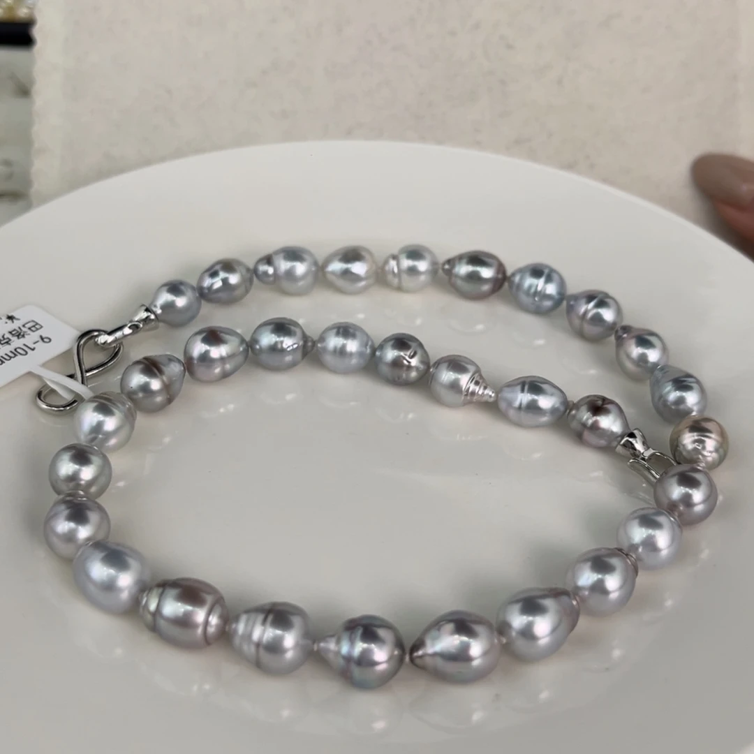 定制海水珍珠未镶嵌裸珠9-10大溪地铂金灰巴洛克项链