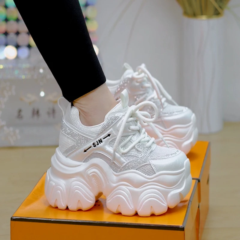 10cm厚底小个子内增高透气水钻老爹鞋2025春秋百搭休闲舒适运动鞋