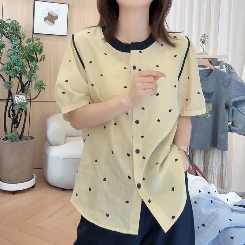 法式温柔风拼接压褶爱心圆领衬衫新款轻薄透气减龄单排扣上衣女