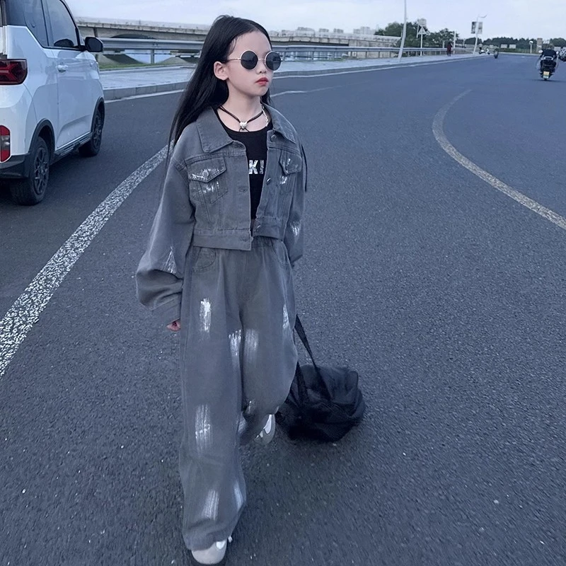 女童套装2025新款儿童洋气泼漆牛仔外套中大童春秋装阔腿裤两件套