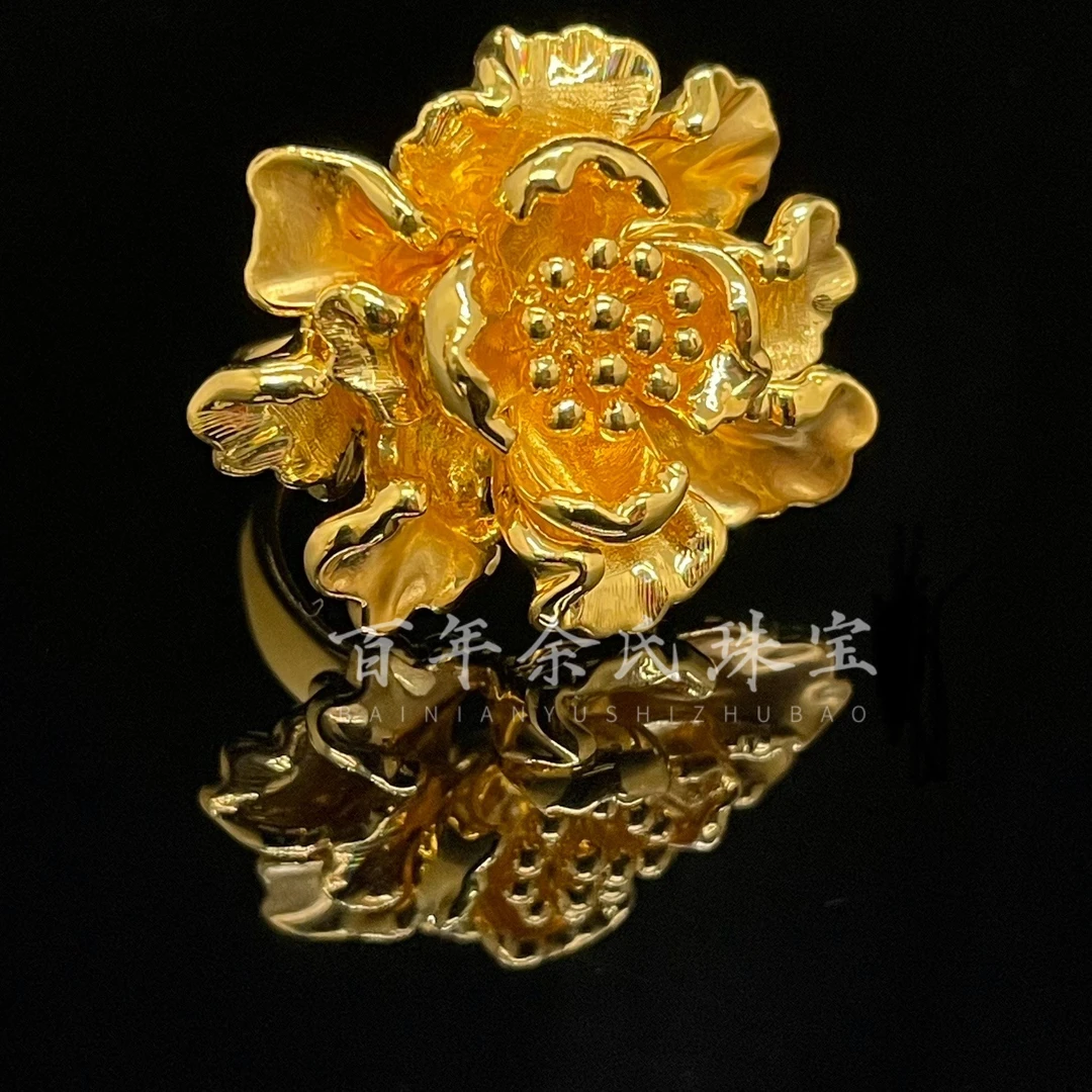 新款牡丹—足金999黄金硬金戒指固口