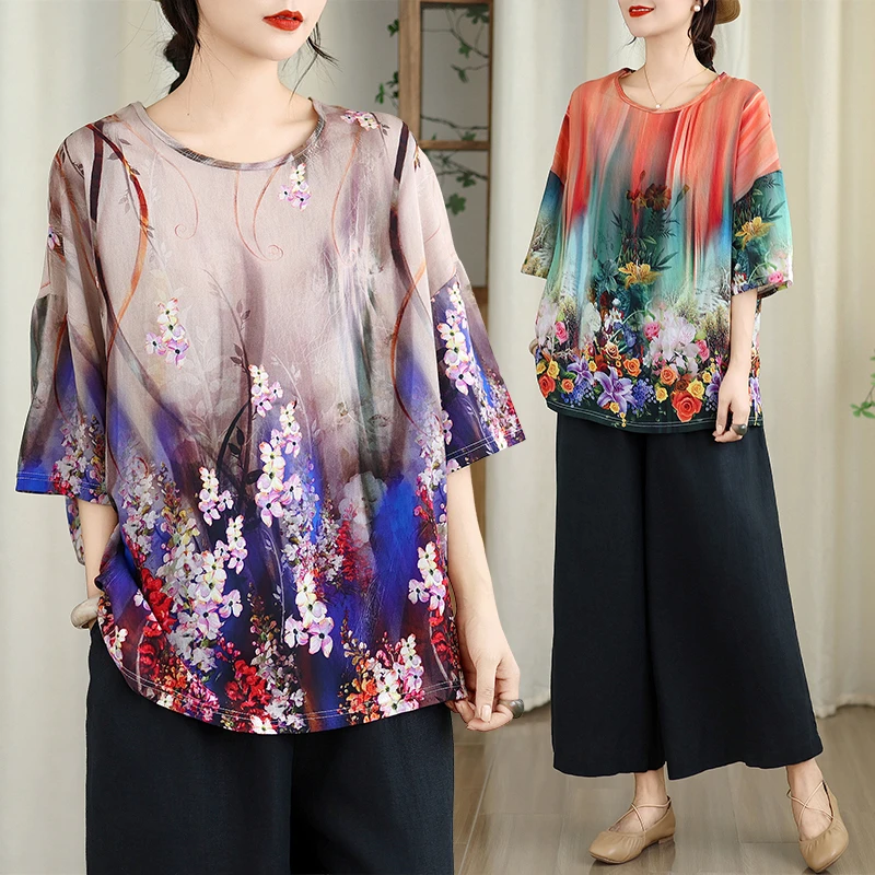 棉麻胖MM大码女装夏季薄款时尚定位数码印花宽松百搭休闲短袖上衣