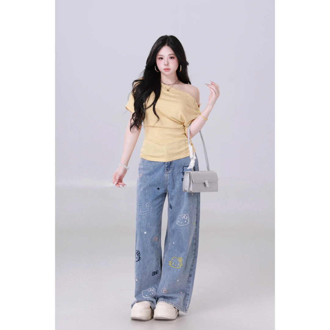 清清萌面侠芝士【Kitty裤】85%棉中高腰直筒显瘦牛仔裤5317M