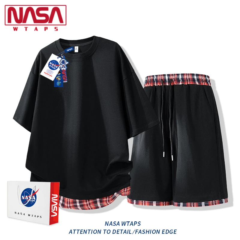 NASA WTAPS冰丝薄款假两件短袖T恤套装男夏季宽松休闲五分裤套装