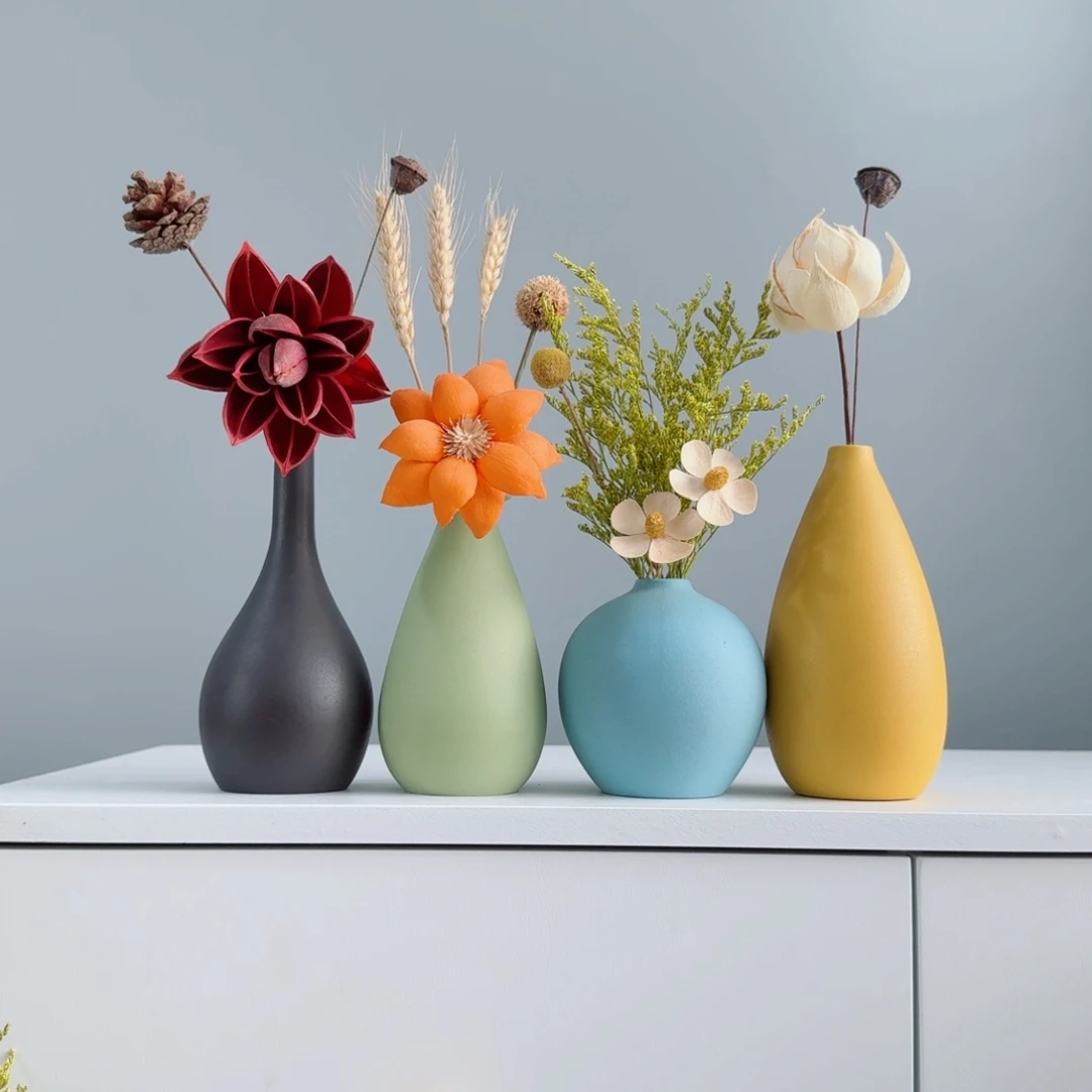 瓷片陶瓷小花瓶摆件含花总高约20-30cm