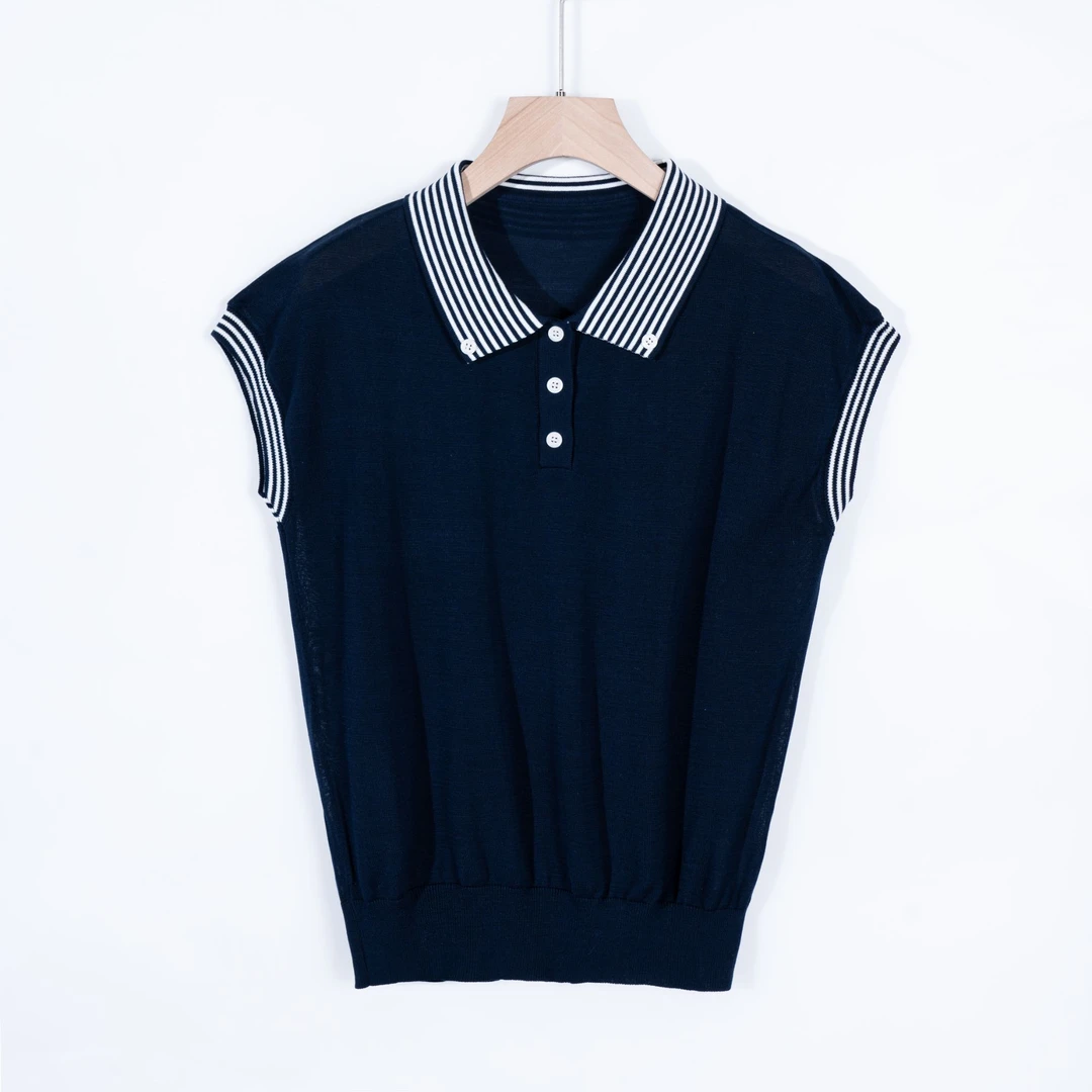 被夸爆！藏青色polo领无袖针织衫女夏季薄款舒适百搭飞袖上衣