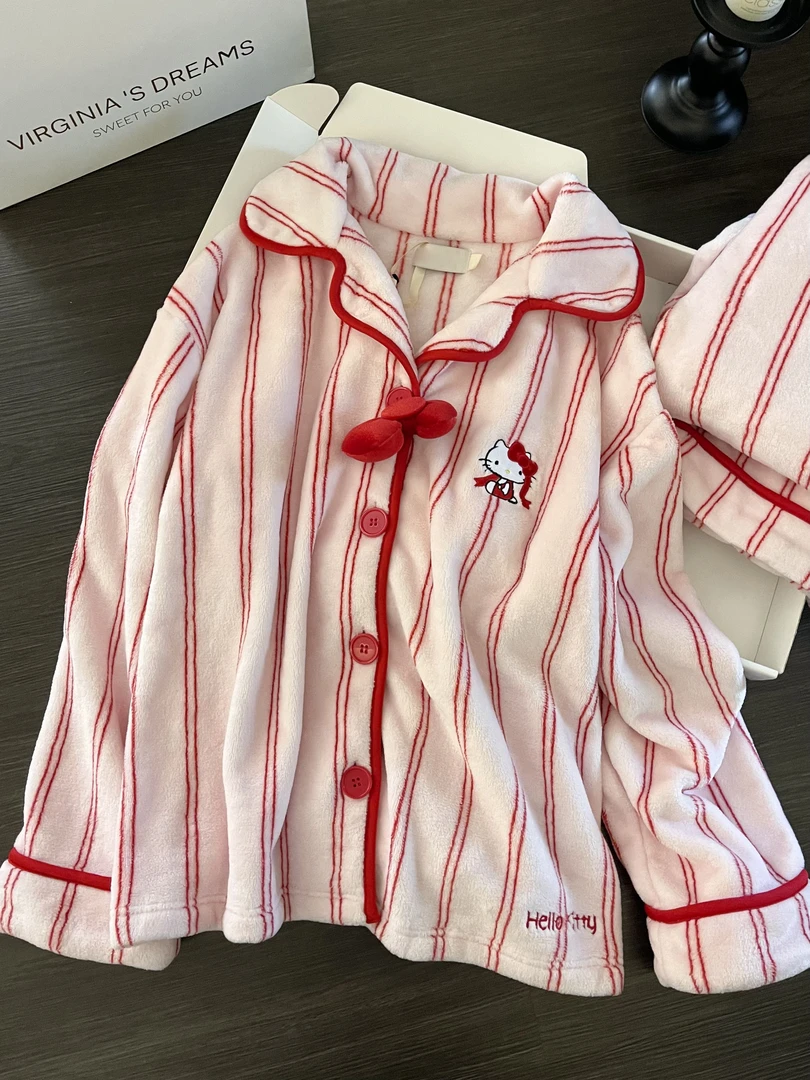 【DMXJ大梦想家】可爱卡通Kitty法兰绒睡衣女秋冬款舒适家居服套装