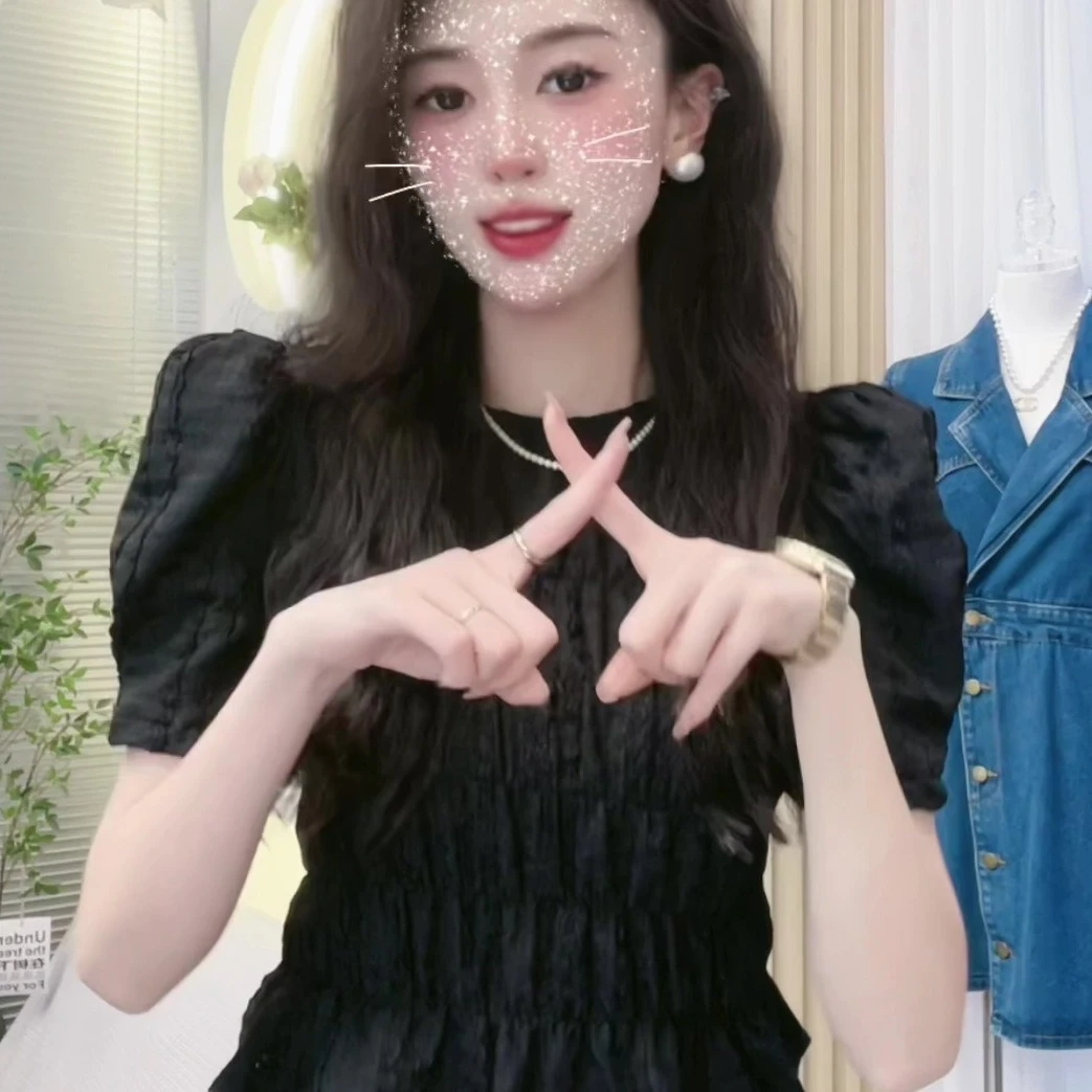 法式复古泡泡袖短袖衬衫女2024夏季新款褶皱收腰显瘦别致短款上衣